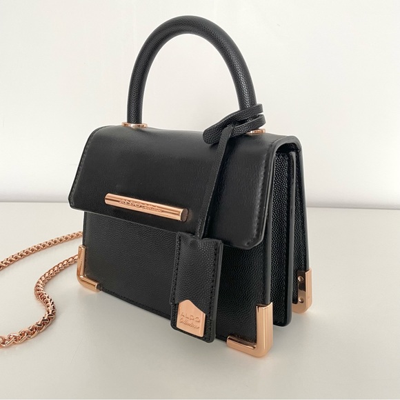 Aldo Women's Micro Mini Black Top Handle Crossbody Bag Rose Gold Chain Strap - Picture 9 of 14